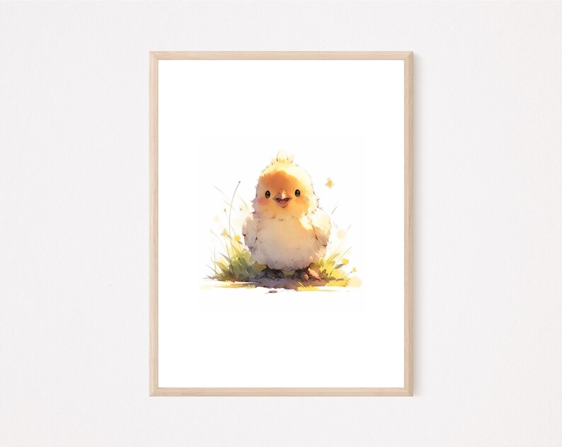 May include: A watercolor painting of a yellow chick with a white fluffy body standing in green grass. The chick is looking at the viewer with a happy expression.