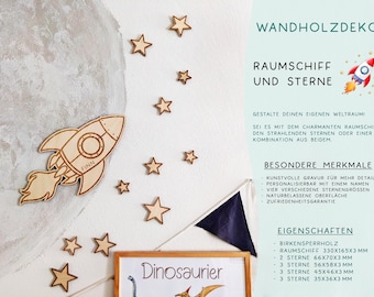 Wandholzdeko Raumschiff und Sterne fürs Kinderzimmer | Weltall | Rakete | Sterne | Wanddeko | Holz Rakete | Holz Sterne | Kidsroom