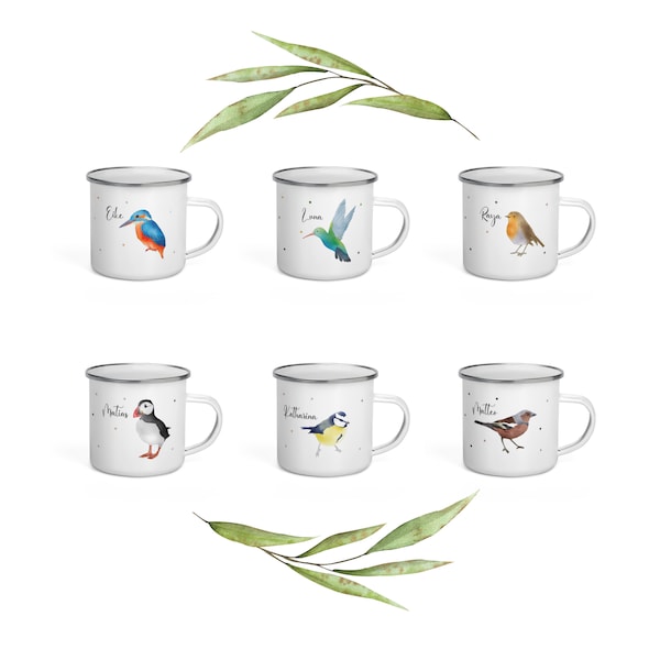 Vogel Motive für Emaille Tasse mit Namen und Spruch | Kolibri | Rotkehlchen | Eisvogel | Blaumeise | Puffin | Buchfink | Papageientaucher