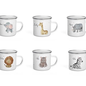 Safari Tiermotive für Emaille Tasse mit Namen und Spruch Löwe | Elefant | Zebra | Giraffe | Nashorn | Nilpferd | Zahnbürstenbecher