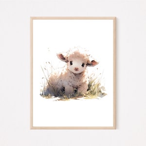 May include: A watercolor painting of a white lamb sitting in a field of green grass. The lamb has a fluffy white coat and big, brown eyes.