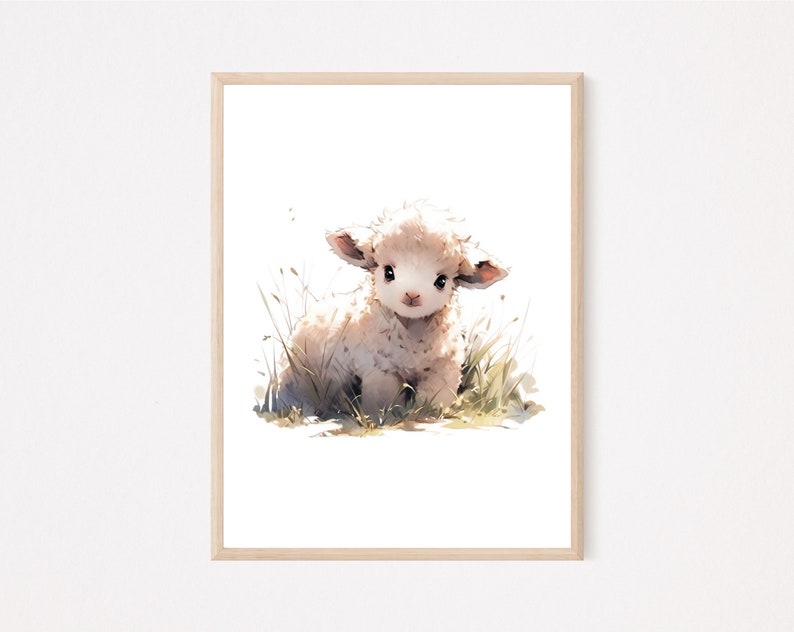 May include: A watercolor painting of a white lamb sitting in a field of green grass. The lamb has a fluffy white coat and big, brown eyes.