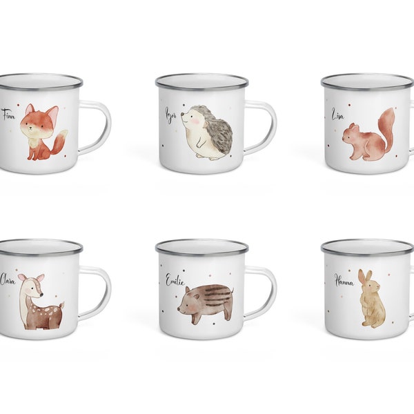 Waldtiermotive für Emaille Tasse mit Namen und Spruch Fuchs | Reh | Igel | Wildschwein | Hase | Eichhörnchen