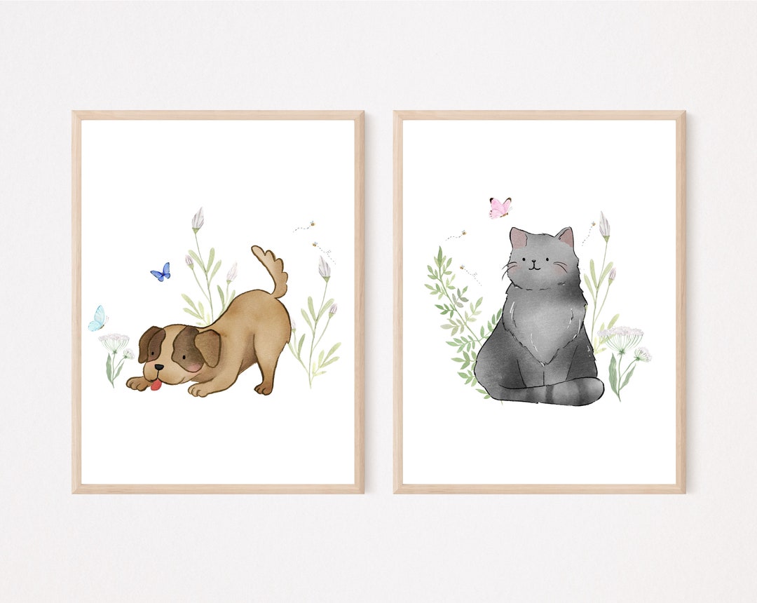 Hund und Katze Kinderzimmer Bilder Wandbilder Poster Aquarell A3 / A4