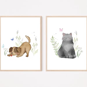 Immagini da parete con cani e gatti per la cameretta dei bambini, poster ad acquerello A3/A4 | Set di 3 decorazioni per la cameretta dei bambini, animali domestici, gatti, cani