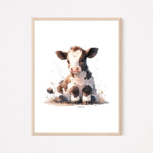 May include: A watercolor painting of a brown and white calf sitting in a field of grass. The calf has large, brown eyes and a sweet expression.