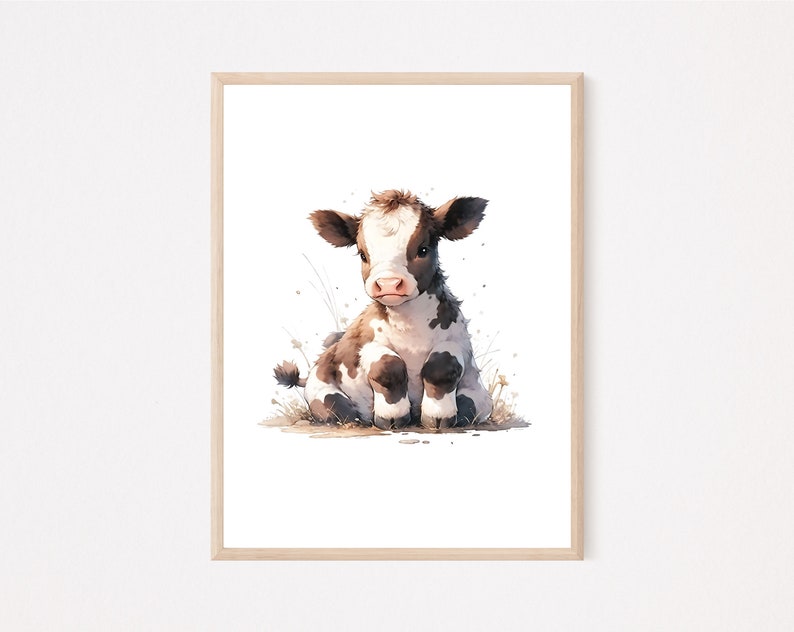 May include: A watercolor painting of a brown and white calf sitting in a field of grass. The calf has large, brown eyes and a sweet expression.