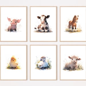 Bauernhof Bilder Kinderzimmer Poster Wandbilder Tierposter Bauernhoftiere Aquarell  3 - 6er Set Babyzimmer Schwein Kuh Schaf Pferd Huhn Gans