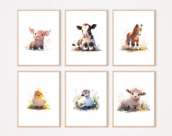 Farm pictures children's room posters wall pictures animal posters farm animals watercolor 3 - 6 set baby room pig cow sheep horse chicken goose