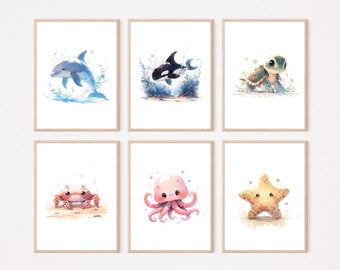 Sea Animals V2 Nursery Pictures Poster per bambini Set Nursery Tartaruga Delfino Granchio Orca Stella marina Polpo Calamari Killer Whale