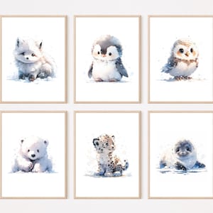 Eistiere Meerestiere Kinderzimmer Bilder Kinder Poster | 3 - 6er Set Babyzimmer Polarfuchs Pinguin Schneeeule Eisbär Schneeleopard Robbe