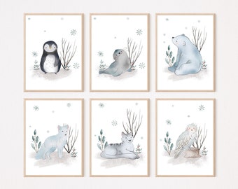Arktische und Antarktische Tier Poster Kinderzimmer Bilder Eistiere Kinder Poster Robbe Eisbär Pinguin Polarfuchs Schneeleopard Schnee-Eule