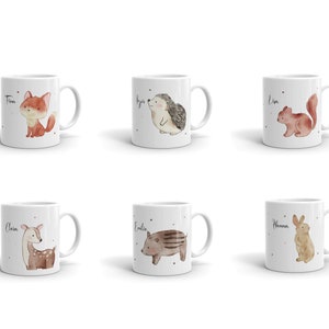 Forest animals cup with name and saying fox | Roe deer | Hedgehog | Wild boar | Rabbit | Squirrel