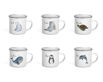 Eis- und Meertiermotive für Emaille Tasse mit Namen und Spruch Eisbär| Wal | Robbe | Pinguin | Schildkröte | Delphin | Zahnbürstenbecher