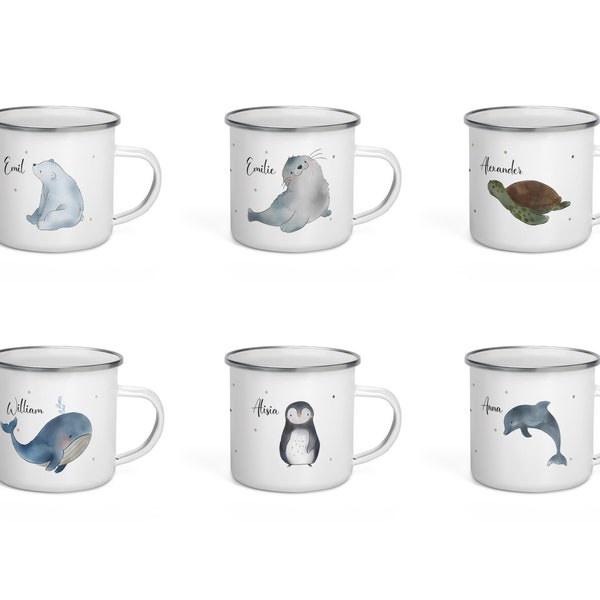 Eis- und Meertiermotive für Emaille Tasse mit Namen und Spruch Eisbär| Wal | Robbe | Pinguin | Schildkröte | Delphin | Zahnbürstenbecher