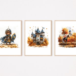 Château de chevalier médiéval cheval chambre d'enfant photos murales affiche aquarelle A3/A4 | Lot de 3 décorations chambre bébé