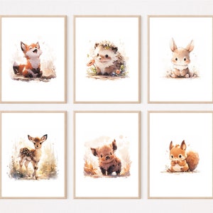 Waldtiere Kinderzimmer Bilder Wandbilder Poster Aquarell A3/A4 | 3 - 6er Set Babyzimmer Deko Fuchs Igel Hase Reh Wildschwein Eichhörnchen