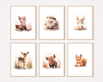 Waldtiere Kinderzimmer Bilder Wandbilder Poster Aquarell A3/A4 | 3 - 6er Set Babyzimmer Deko Fuchs Igel Hase Reh Wildschwein Eichhörnchen
