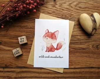 Kaart Fox met envelop voor geboorte |  | doopkaart Wenskaart voor baby | Aankondigingskaart | | uitnodigingskaart Kaart voor gezinsbevalling