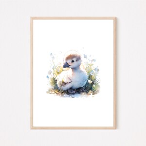 May include: A watercolor painting of a small, white duckling sitting in a puddle of water surrounded by white flowers.