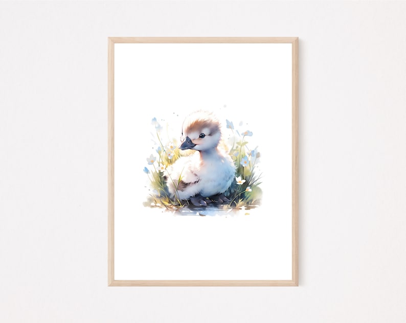 May include: A watercolor painting of a small, white duckling sitting in a puddle of water surrounded by white flowers.