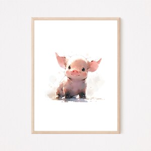 May include: A watercolor painting of a pink piglet sitting on a white background. The piglet has a pink snout and small ears.