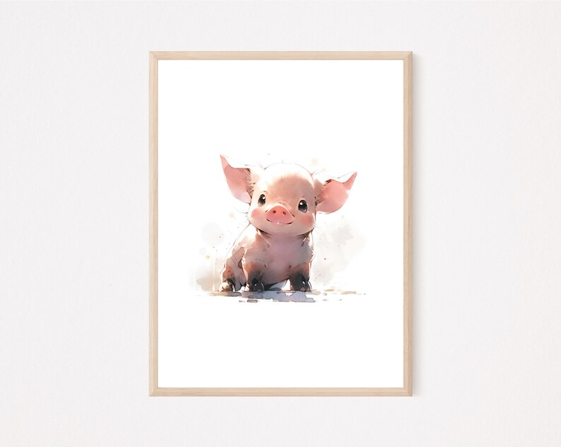 May include: A watercolor painting of a pink piglet sitting on a white background. The piglet has a pink snout and small ears.