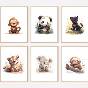 Dschungel Kinderzimmer Bilder Wandbilder Poster | 3 - 6er Set Babyzimmer Affe Panther Koala Panda Faultier Tiger