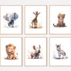 Safari Immagini per la cameretta dei bambini Immagini da parete Poster Acquerello A3 / A4 | Set di 3 - 6 decorazioni per la cameretta dei bambini elefante giraffa leopardo leone rinoceronte zebra