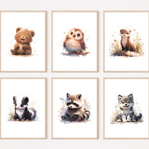 Waldtiere Kinderzimmer Bilder Wandbilder Poster Aquarell A3 / A4 | 3 - 6er Set Babyzimmer Deko Bär Eule Marder Stinktier Waschbär Wolf