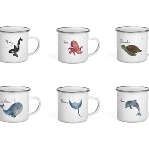 Sea Animals Enamel Mug with Name and Saying Orca | whale | Octopus | Ray | Turtle | dolphin | Squid | toothbrush cup