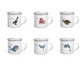 Meertiere Emaille Tasse mit Namen und Spruch Orca | Wal | Krake | Rochen | Schildkröte | Delphin | Tintenfisch | Zahnbürstenbecher