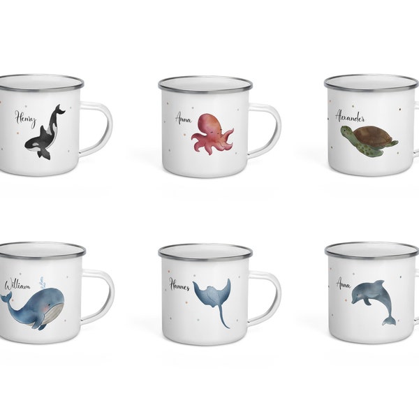 Tasse en émail pour animaux marins avec nom et inscription Orca | baleine | Poulpe | Rayon | Tortue | dauphin | Calmar | tasse à brosse à dents