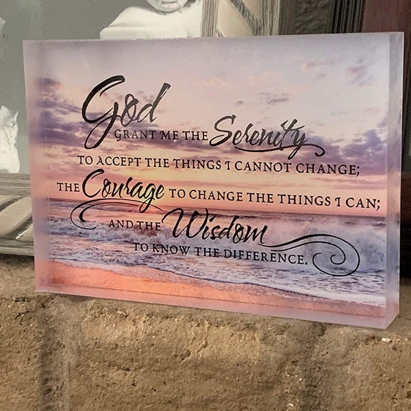 Serenity Prayer -full color ocean sunset acrylic desk plaque - God Grant Me the Serenity