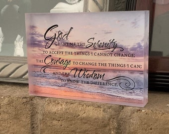 Serenity Prayer -full color ocean sunset acrylic desk plaque - God Grant Me the Serenity