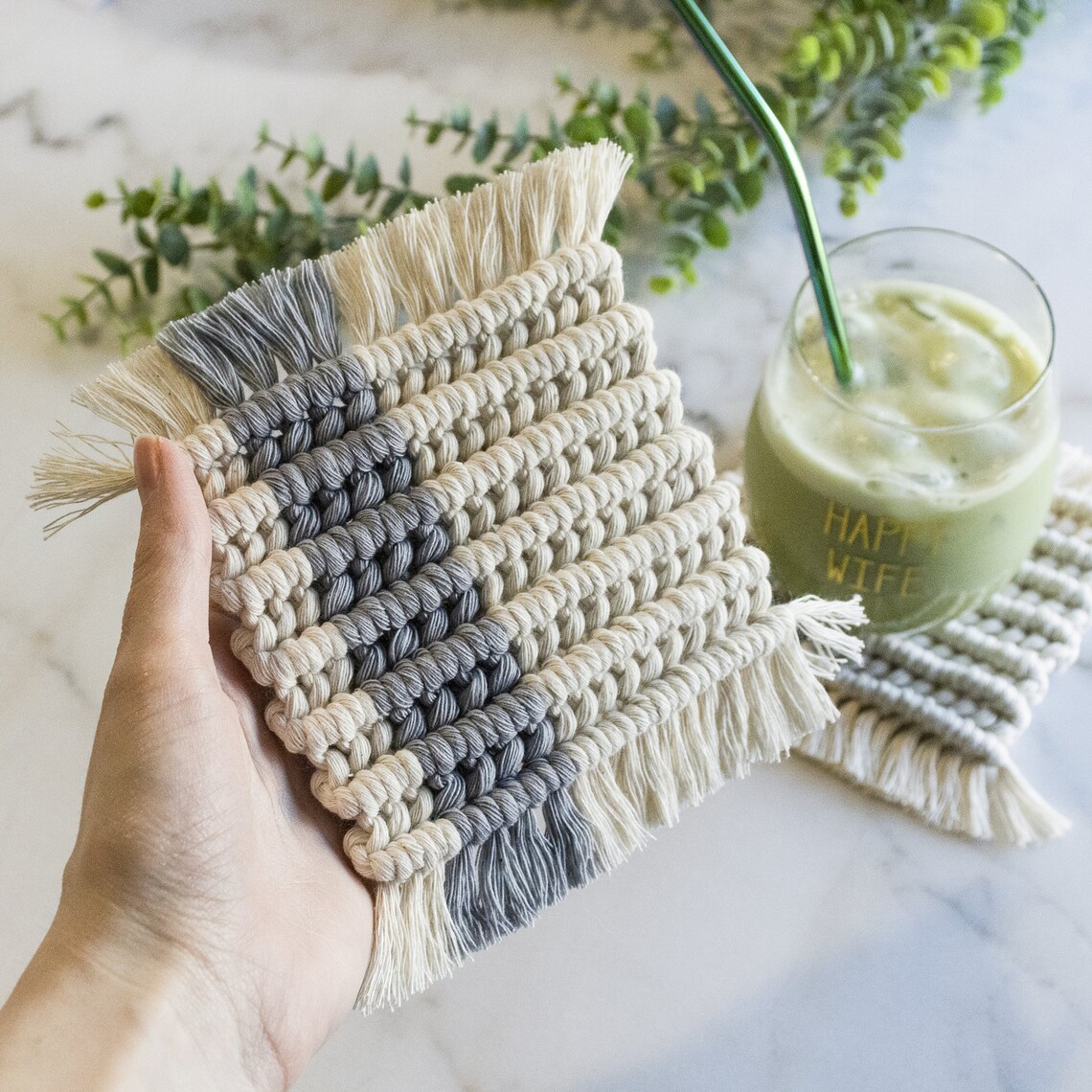Square Macrame Coaster with Gray Stripe Set of 2 Etsy