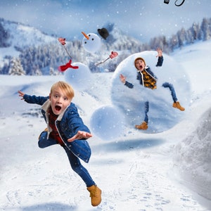 May include: Two boys are playing in the snow. One boy is running away from a giant snowball, while the other boy is trapped inside a giant snowball. The background is a snowy landscape with a snowman in the distance.