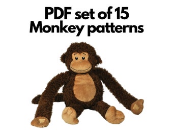 Set of 15 PDF Monkey toy patterns WITHOUT INSTRUCTION, 3 sizes monkey sewing pattern ,soft toy pattern,stuffed ape pattern, small pattern