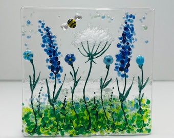 Blue & White Wild Meadow and bee Handmade Fused Glass Tealight Holder