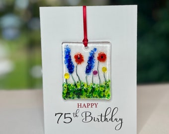 Happy 75th Birthday card with fused glass keepsake