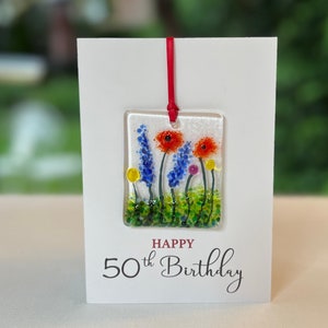 Happy 50th Birthday card with fused glass keepsake