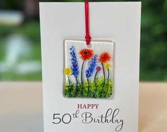 Happy 50th Birthday card with fused glass keepsake