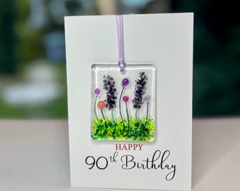 Happy 90th Birthday card with fused glass keepsake