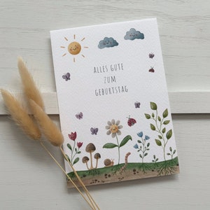Karte Geburtstag | Geburtstagskarte | Geburtstag Kind | Glückwunsch zum Geburtstag | Blumenwiese | Sonne | Natur | Karte für Kinder