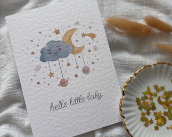 Birth card | Cloud and moon card | Baby birth card | Congratulations card for the birth | Baby girl | Baby boy | Star card
