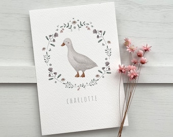 Tarjeta personalizada de ganso | Tarjeta con nombre | Tarjeta de cumpleaños | Tarjeta de anuncio de nacimiento | Corona de flores | Ganso | Tarjeta para bebé | Tarjeta de anuncio de nacimiento