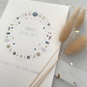 Personalisierte Karte zur Geburt | Geburtskarte Junge | Geschenk Geburt personalisiert | Hallo kleines Wunder | Planeten und Weltall