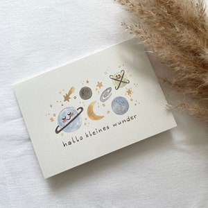 Klappkarte zur Geburt | Glückwunschkarte | Grußkarte | Junge | Hallo kleines Wunder | Geburt | Baby | Planeten | Aquarell