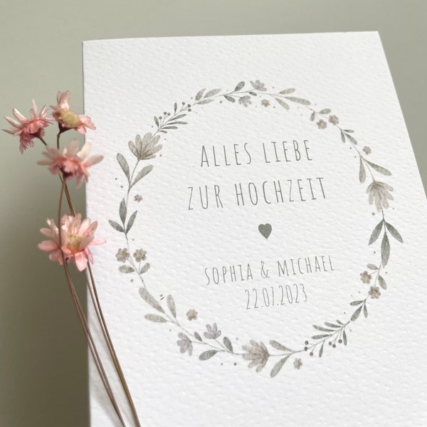 Karte Hochzeit personalisiert | Personalisierte Karte zur Hochzeit | Glückwunsch Hochzeit | Hochzeitsgeschenk | Hochzeitskarte | Blumenkranz