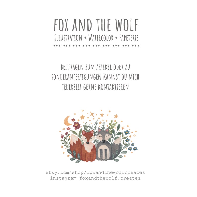Puede incluir: Una ilustraci&oacute;n caprichosa que presenta un zorro y un lobo acurrucados entre elementos florales y celestiales. El texto "FOX AND THE WOLF" se muestra arriba, con texto adicional debajo. La paleta de colores incluye marrones c&aacute;lidos, grises y verdes suaves.
